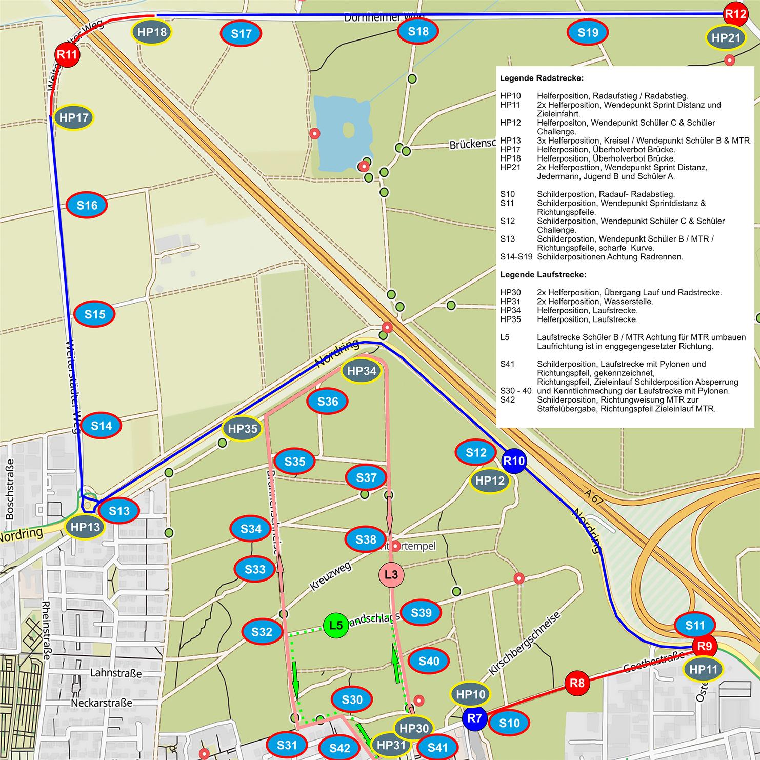 Karte mit Rad- und Laufstrecken, Markierungen von Haltestellen und zugehörigen Legenden für das Gelände.