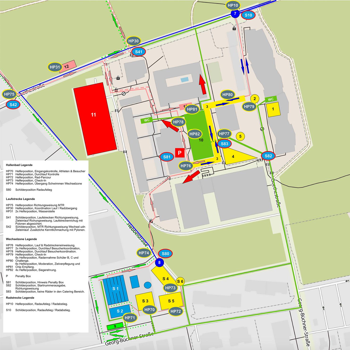Detailierter Lageplan mit Gebäuden, Wegen und Legende für das Areal. Markierungen der Standorte sind farblich hervorgehoben.