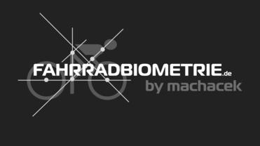 Logo von Fahrradbiometrie mit geometrischen Linien und einem Fahrrad-Symbol auf schwarzem Hintergrund.
