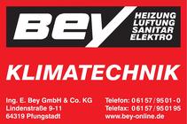 Logo der Ing. E. Bey GmbH & Co. KG mit den Worten "KLIMATECHNIK", Kontaktdaten und Dienstleistungen in weiß auf rotem Hintergrund.