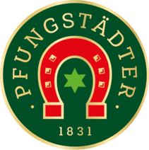 Rundes Logo mit einem Hufeisen in Rot und Grün sowie der Aufschrift „PFUNGSTÄDTER 1831“ auf grünem Hintergrund.