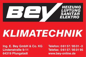 Logo der Ing. E. Bey GmbH & Co. KG mit den Worten "KLIMATECHNIK", Kontaktdaten und Dienstleistungen in weiß auf rotem Hintergrund.