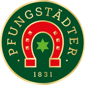 Rundes Logo mit einem Hufeisen in Rot und Grün sowie der Aufschrift „PFUNGSTÄDTER 1831“ auf grünem Hintergrund.