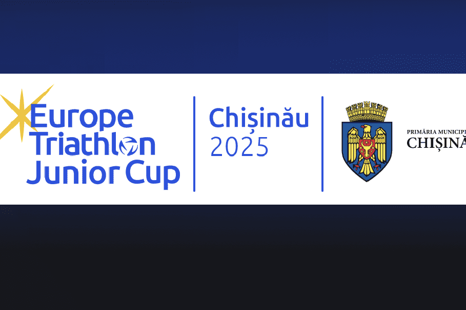 Logo des Europe Triathlon Junior Cup 2025 in Chișinău mit Wappen der Stadt. Grafische Darstellung in Blau und Gelb.