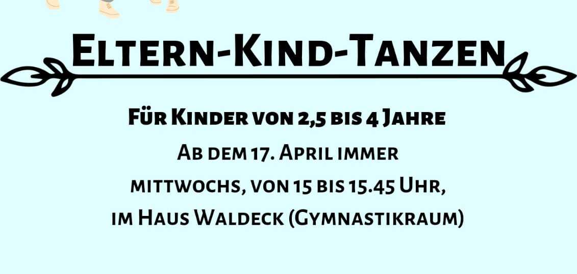 Grafik für Eltern-Kind-Tanzen mit Figuren von Eltern und Kindern, Termin- und Kontaktinformationen auf hellblauem Hintergrund.