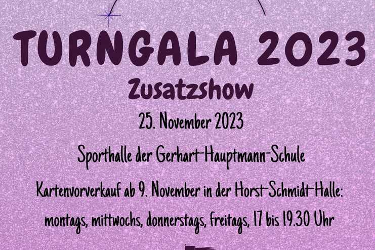 Plakat für die Turngala 2023 mit Informationen zu Datum, Veranstaltungsort und Ticketverkauf in lila glitzerndem Design.