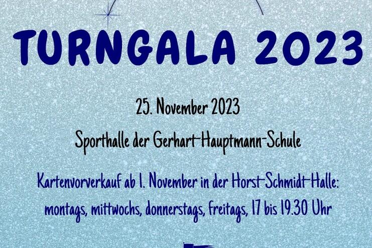 Plakat zur Turngala 2023, mit Veranstaltungshinweisen und Walt Disney-Zitat auf glitzerndem Hintergrund.