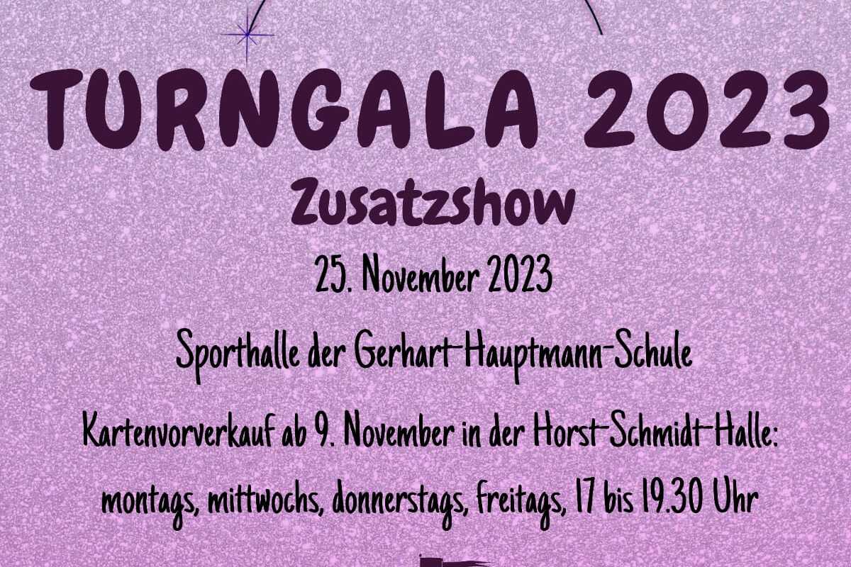Plakat für die Turngala 2023 mit Informationen zu Datum, Veranstaltungsort und Ticketverkauf in lila glitzerndem Design.