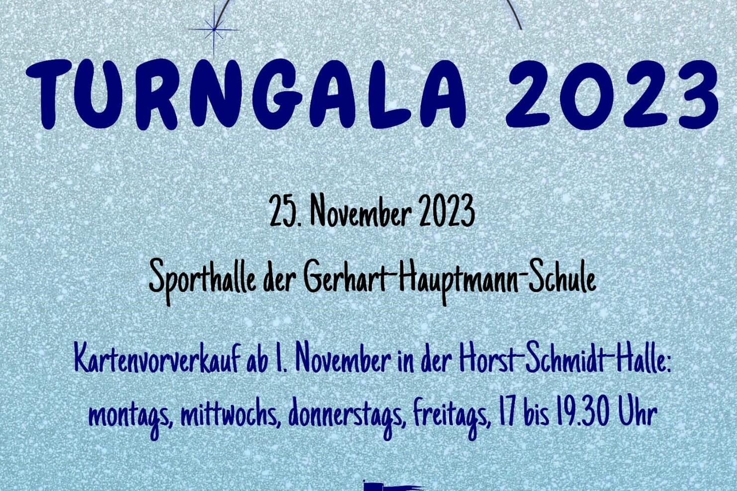 Plakat zur Turngala 2023, mit Veranstaltungshinweisen und Walt Disney-Zitat auf glitzerndem Hintergrund.