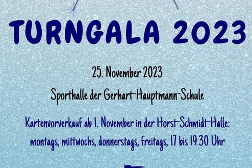 Plakat zur Turngala 2023, mit Veranstaltungshinweisen und Walt Disney-Zitat auf glitzerndem Hintergrund.