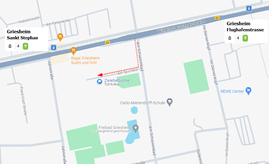Karte von Griesheim mit Wegbeschreibung zur Zwiebeltütte und den Haltestellen Sankt Stephan und Flughafenstraße.