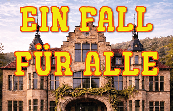 Historisches Geb&auml;ude mit Pflanzen und drei M&uuml;lltonnen in verschiedenen Farben im Vordergrund. Text: &bdquo;Ein Fall f&uuml;r alle&ldquo;.