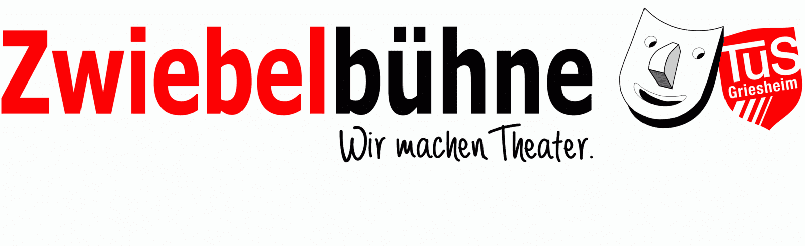 Logo der Zwiebelb&uuml;hne mit Text &bdquo;Wir machen Theater&ldquo; und einer Theatermaske, kombiniert mit dem Emblem des TuS Griesheim.