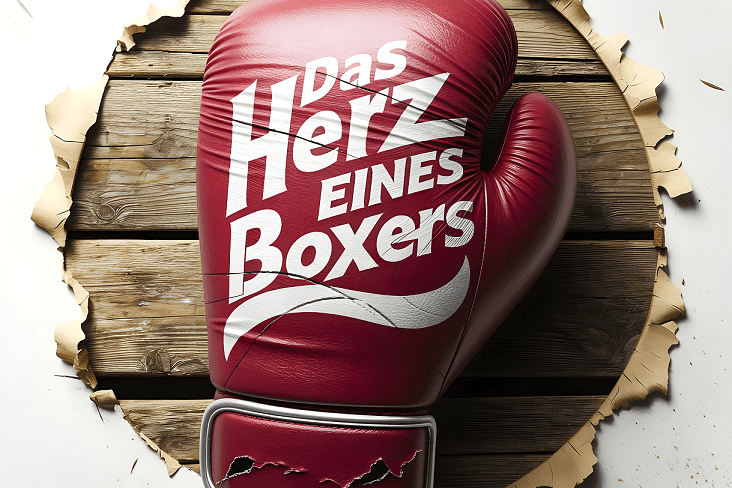 Roter Boxhandschuh mit dem Text „Das Herz eines Boxers“ auf einer Holzplatte mit abblätternder Farbe.