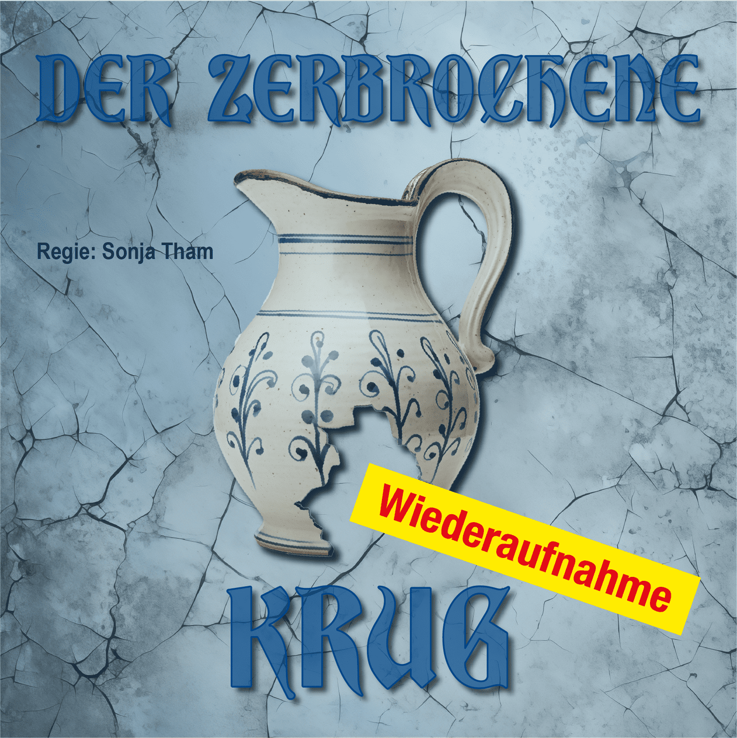 Illustration eines zerbrochenen Krugs mit blauen Verzierungen, auf grauem, rissigem Hintergrund, betitelt „Der zerbrochene Krug“.