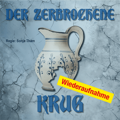 Illustration eines zerbrochenen Krugs mit blauen Verzierungen, auf grauem, rissigem Hintergrund, betitelt „Der zerbrochene Krug“.