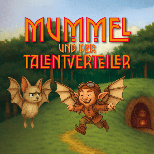 Illustration eines fröhlichen Gartenzwerges mit Flügeln, der neben einer verschmitzt blickenden Fledermaus auf einem Waldweg springt.