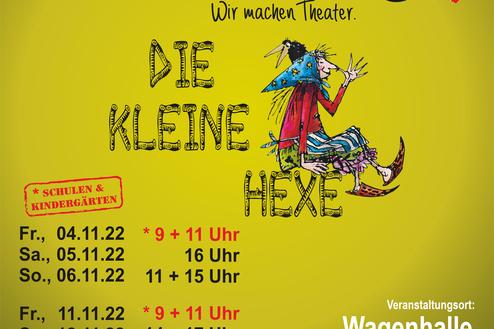 Plakat für das Theaterstück „Die kleine Hexe“ mit Terminen der Zwiebelbühne in Griesheim auf gelbem Hintergrund.