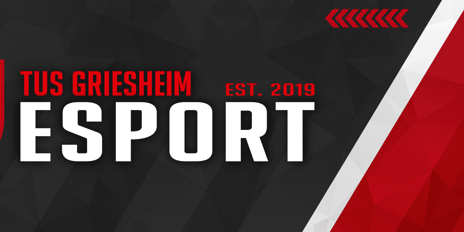 Logo von TuS Griesheim Esport, bestehend aus rotem Schild und Schriftzug auf einem geometrischen, grauen Hintergrund.