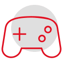 Symbol eines Gamecontrollers in Rot auf grauem Hintergrund.