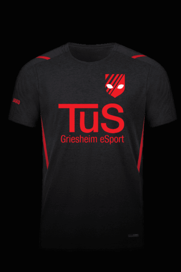 Schwarzes T-Shirt mit roten Akzenten und dem Aufdruck „TuS Griesheim eSport“ auf der Vorderseite.