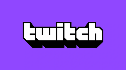 Logo von Twitch mit weißem Schriftzug auf lila Hintergrund. Der Schriftzug hat einen schwarzen Schatten.