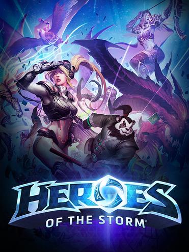 Diverse Charaktere aus "Heroes of the Storm" in actionreicher Darstellung vor buntem Hintergrund.