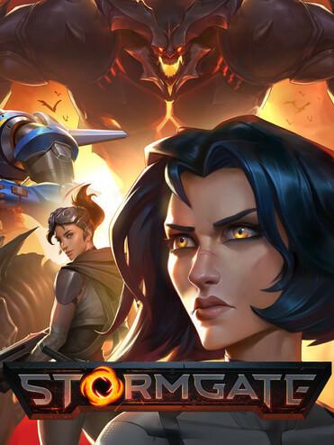 Illustration einer Fantasy-Welt mit zwei Frauen im Vordergrund, einem dunklen, bedrohlichen Wesen im Hintergrund und dem Titel "STORMGATE".