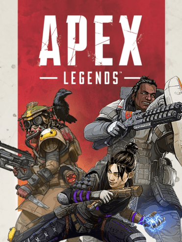 Drei Charaktere aus Apex Legends posieren dynamisch vor einem roten Hintergrund mit dem Logo des Spiels.