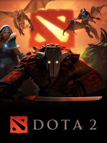 Charaktere aus Dota 2 vor einem leuchtenden Logo, darunter ein Krieger mit Schwert und magische Wesen im Hintergrund.