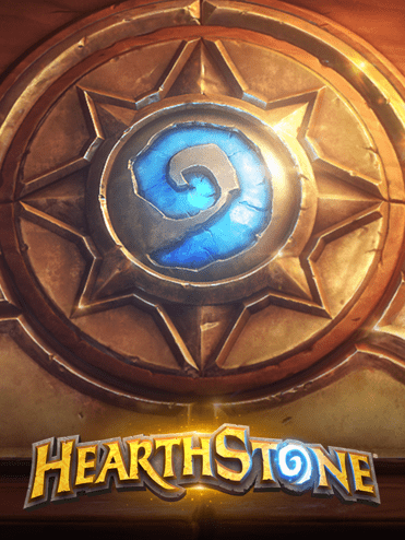 Logo von Hearthstone mit dem charakteristischen Wirbel auf braunem Hintergrund und goldener Schrift.