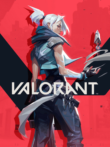 Portrait einer charakteristischen Figur aus Valorant mit weißem Haar und stylischer Kleidung vor rotem Hintergrund.