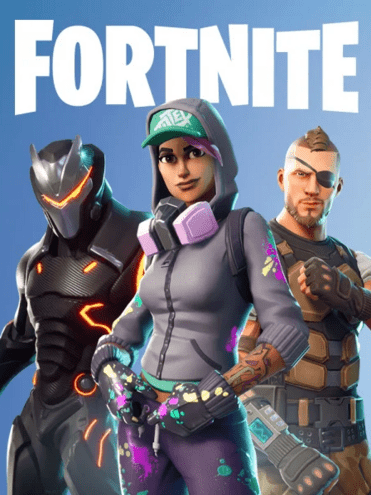 Drei Charaktere aus Fortnite stehen vor einem blauen Hintergrund mit dem Titel „Fortnite“ oben.