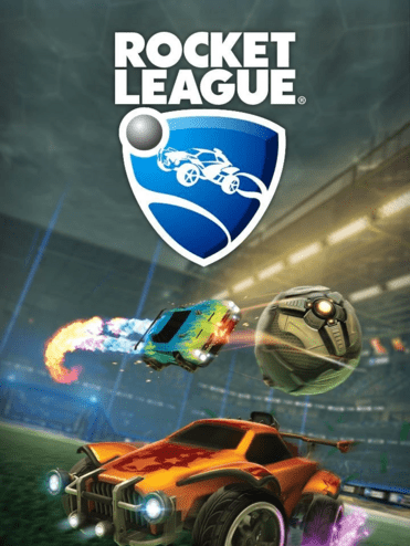 Spielszene aus Rocket League mit zwei Autos, einem Ball und bunten Effekten auf einem Stadionrasen.