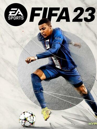 Kylian Mbappé in blauem Trikot schießt einen Fußball auf einem grafischen Hintergrund für FIFA 23.