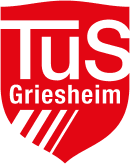 Logo des TuS Griesheim, in roter Farbe mit schwarzer Schrift und gestreiftem Schildmotiv.