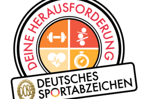 Logo des Deutschen Sportabzeichens mit den Aufschriften "Deine Herausforderung" und vier Symbolen für Fitness, Gesundheit und Zeitmessung.