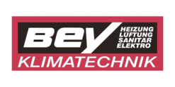 Logo der Firma BEY Klimatechnik mit den Bereichen Heizung, Lüftung, Sanitär und Elektro in schwarz-weißer Schrift auf rotem Hintergrund.