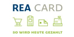 Logo von REA CARD mit Symbolen für Einkauf, Kasse und Zahlungsarten, beschriftet mit „So wird heute gezahlt“.