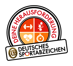 Logo des Deutschen Sportabzeichens mit den Aufschriften "Deine Herausforderung" und vier Symbolen für Fitness, Gesundheit und Zeitmessung.