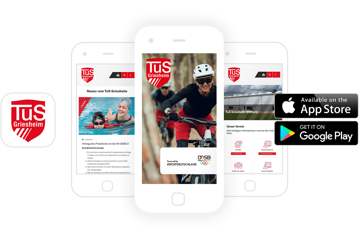 Drei Smartphones zeigen die mobile App des TuS Griesheim mit verschiedenen Inhalten und dem Vereinslogo.
