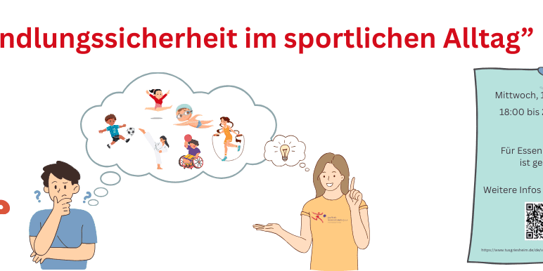 Grafik zur Fortbildung "Handlungssicherheit im sportlichen Alltag" mit Illustrationen von Personen und Informationen zum Event.