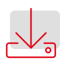 Symbol eines Downloads mit roten Pfeilen, die nach unten auf einen grauen Laptop zeigen.