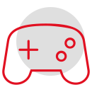 Icon eines Spielcontrollers vor einem schwarzen Hintergrund, mit roten Akzenten und symbolischen Tasten.
