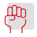 Symbol eines erhobenen roten Fistes auf schwarzem Hintergrund, dargestellt in minimalistischer Grafik.