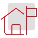 Grafische Darstellung eines stilisierten Hauses mit einer Fahne auf einem dunkelgrauen Hintergrund.