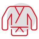 Logo eines Judokas in roter und schwarzer Grafik mit charakteristischer Judo-Jacke und Gürtel.