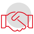 Symbol eines Handschlags vor einem dunkelgrauen Hintergrund mit rotem Rand, steht für Zusammenarbeit und Partnerschaft.