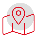 Symbolische Darstellung eines Standorts mit einer roten Pin-Icons auf einem schwarzen Hintergrund.