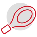 Grafisches Symbol eines Tischtennisschlägers und Balls auf rotem Hintergrund.